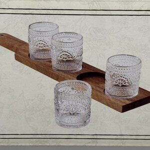 The Pioneer Woman Shot Glass/Flight Glass Set Wooden Board Channing Pattern, NWT